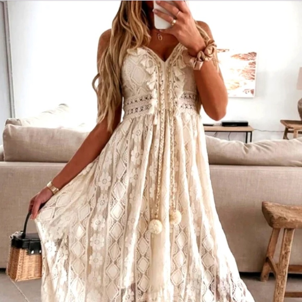 BOHO WHITE LACE DRESS WITH TASSLES!